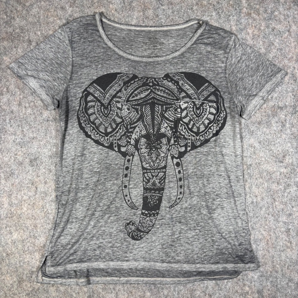 Well Worn Elephant Graphic Tee Women L Gray Mandala Burnout Shirt Sheer Thin‎
